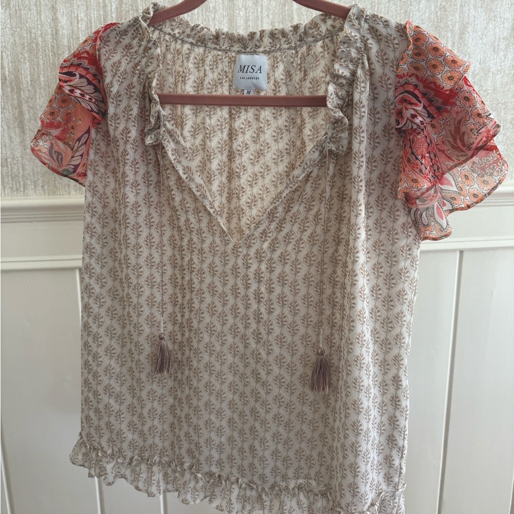 Misa Los Angeles Tan Cream Ruffled Tie Front Blouse
